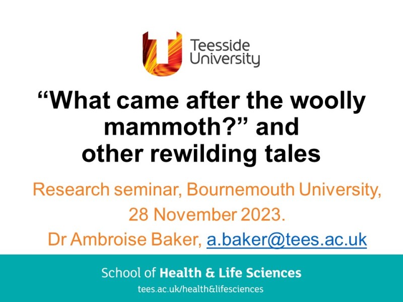Invited talk at Bournemouth University “What came after the woolly mammoth and other rewilding tales” 28 November 2023